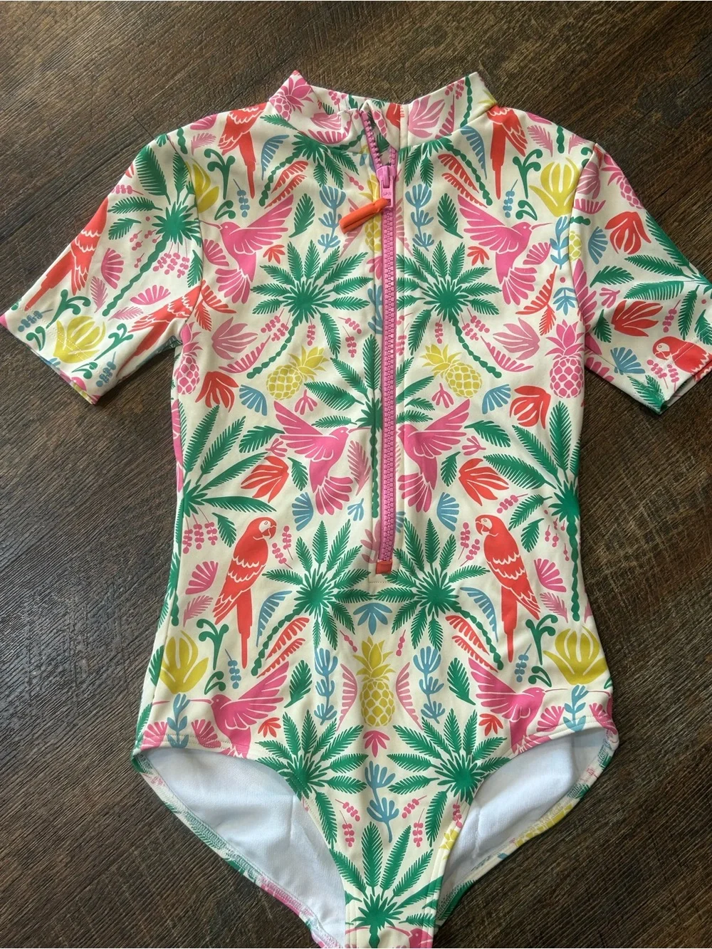 Boden Pink, Green & Yellow Tropical Parrot Short-Sleeve One-Piece Swimsuit